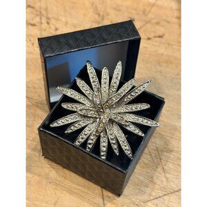 Vintage Rhinestone Starburst Brooch Pin In Silver-Tone Metal With Box